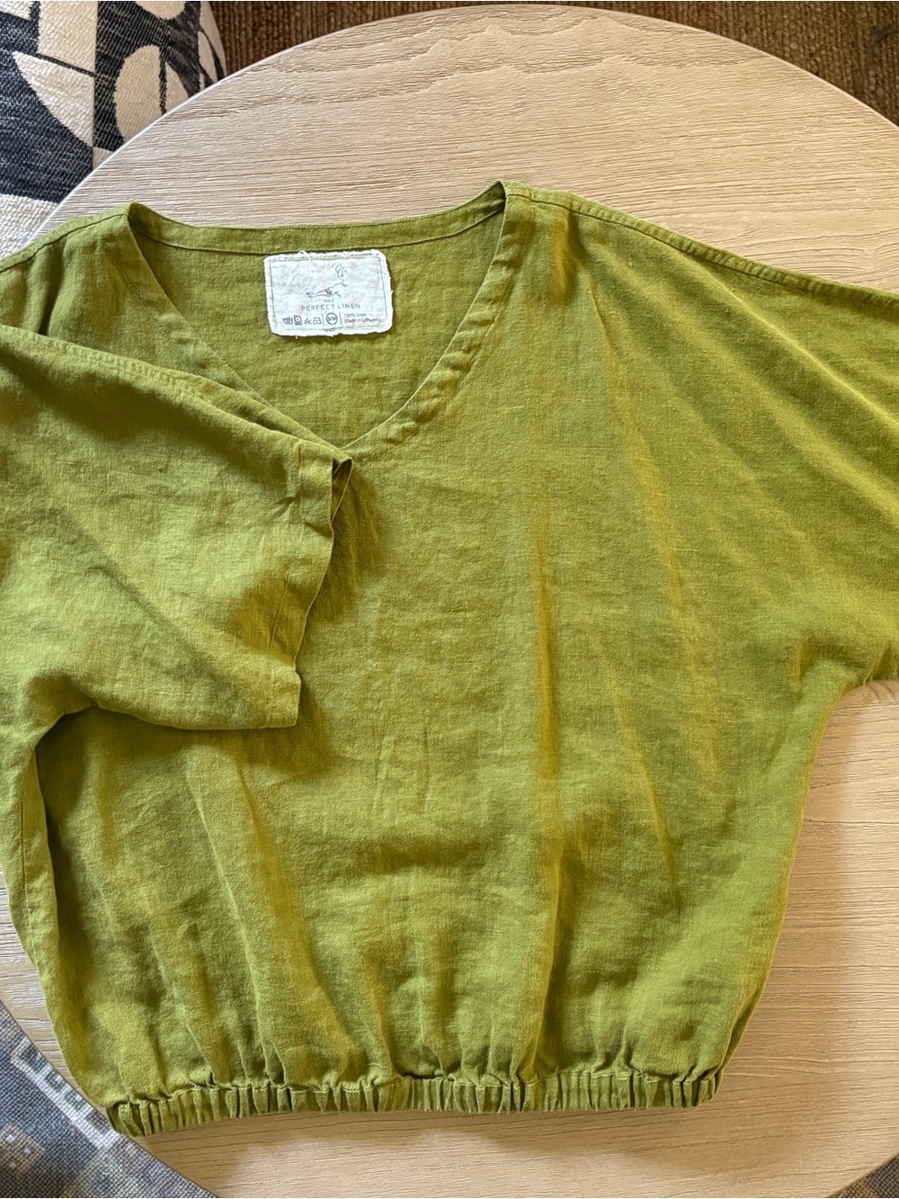 notPERFECTLINEN Green V-Neck Linen Top with Elastic Hem